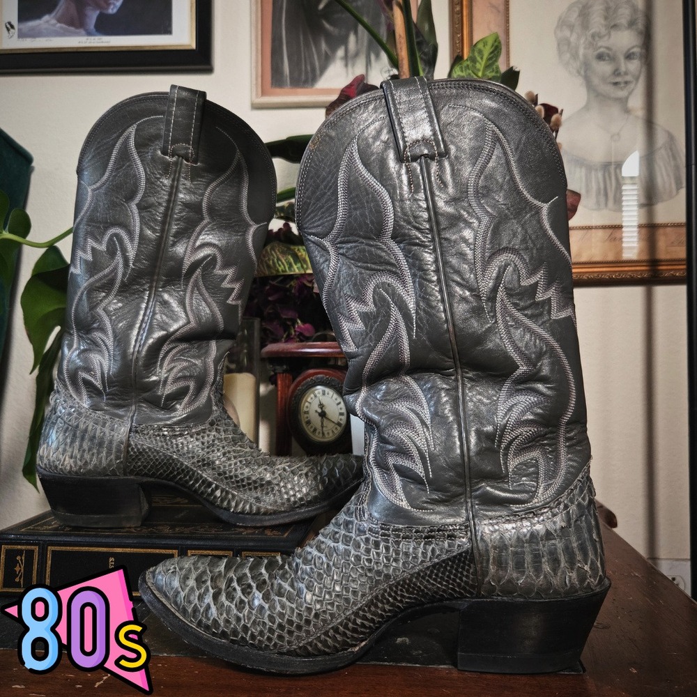 Nocona Python Snakeskin Cowboy Boots Vintage 80s Mens 8D Grey Western Leather